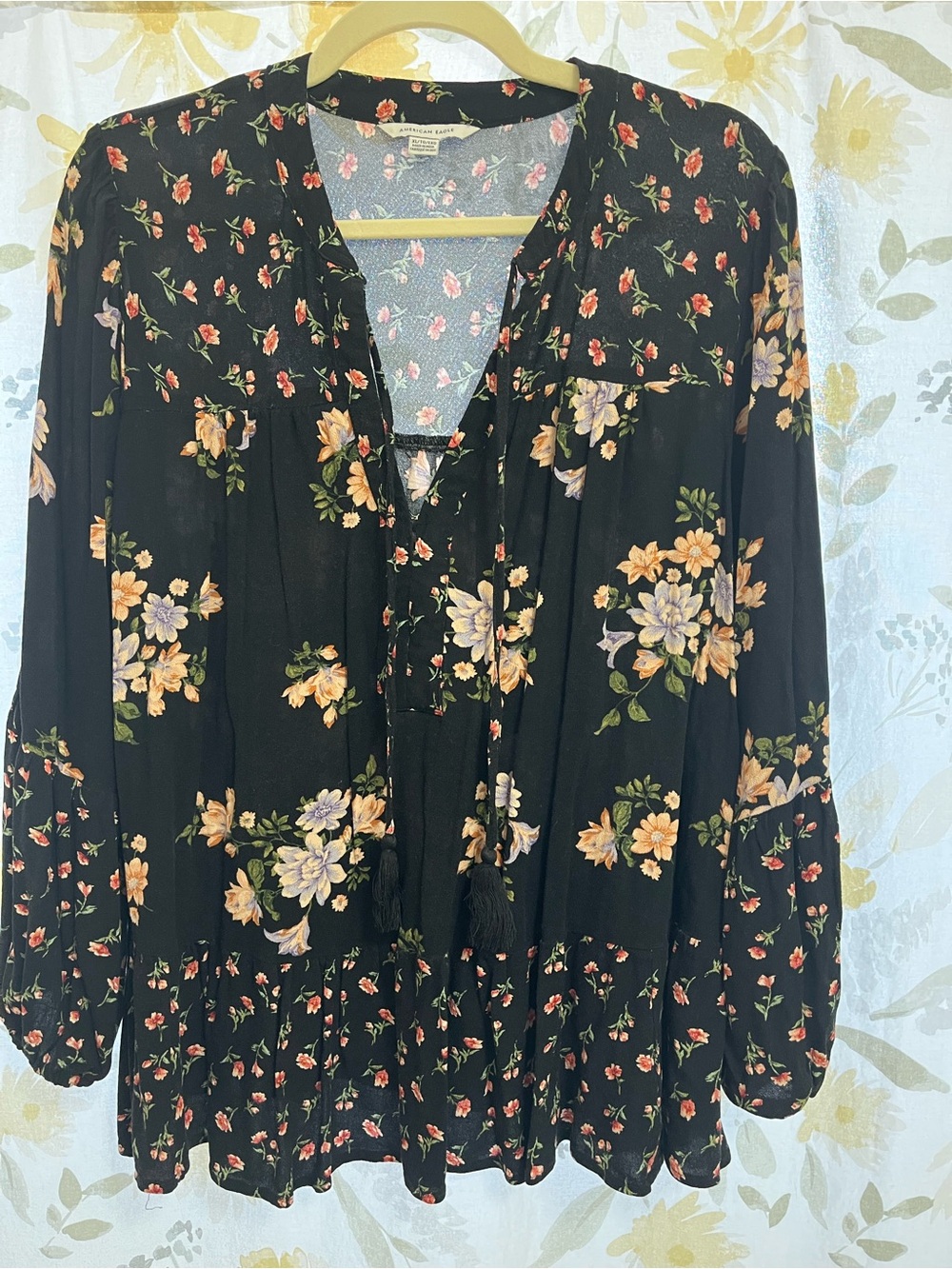 American Eagle Outfitters Black Floral Tassel Peasant Blouse